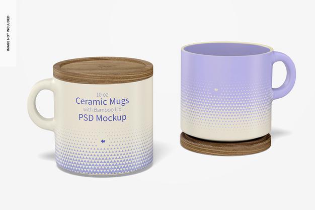 Free 10 Oz Ceramic Mugs With Bamboo Lid Mockup Psd