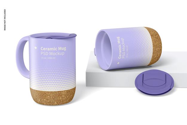 Free 15 Oz Ceramic Mug With Lid Mockup Psd