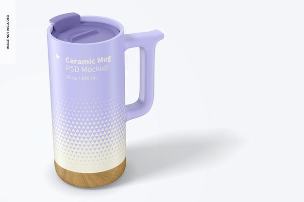 Free 16 Oz Ceramic Mug With Wood Base Mockup Psd