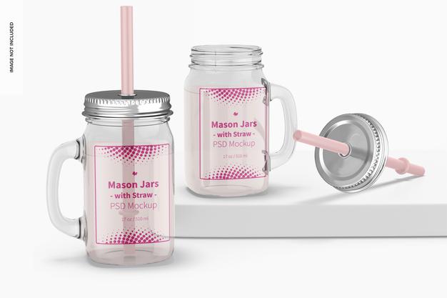 Free 17 Oz Mason Jars With Straw Mockup Psd