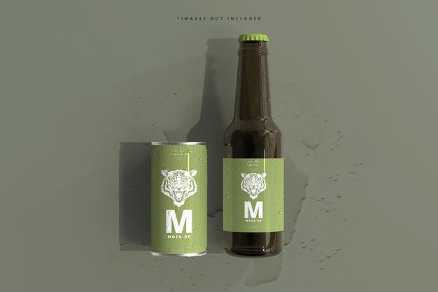 Free 180Ml Mini Soda Or Beer Can And Bottle With Water Drops Mockups Psd