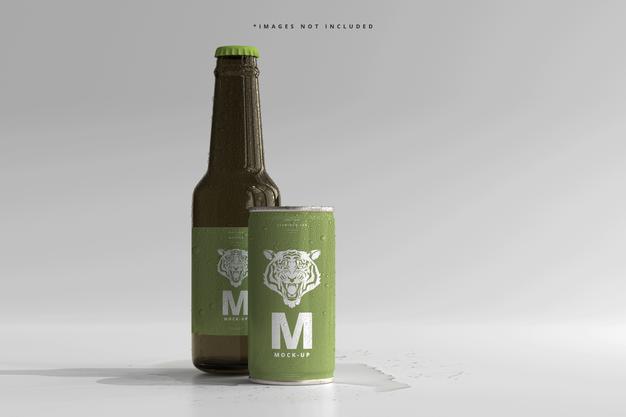 Free 180Ml Mini Soda Or Beer Can And Bottle With Water Drops Mockups Psd