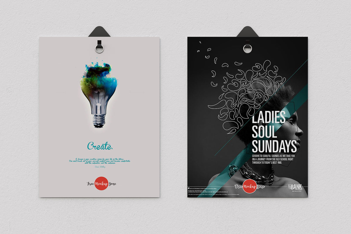 Free 2 Poster Hanging With Clips Psd Mockup
