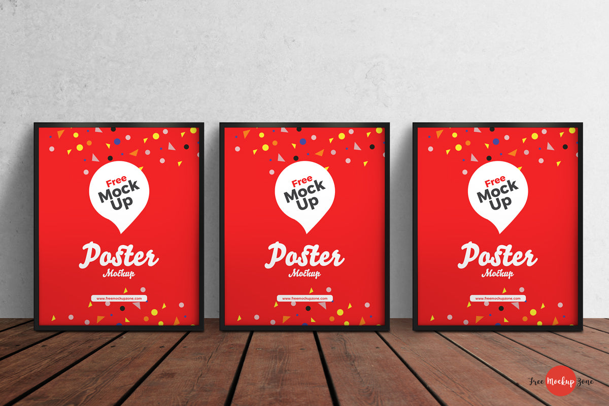 Free 3 Psd Posters On Wooden Floor Mockup