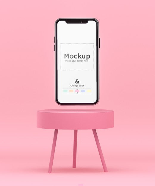 Free 3D Pink Scene With A Cell Phone Floating On A Coffee Table And Editable Color Psd