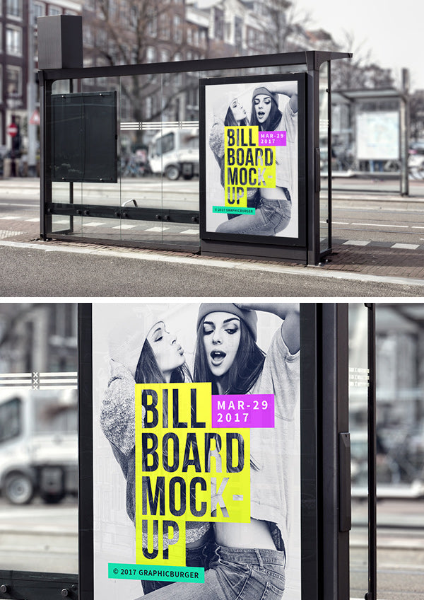 Free Bus Stop Billboard Sign MockUp