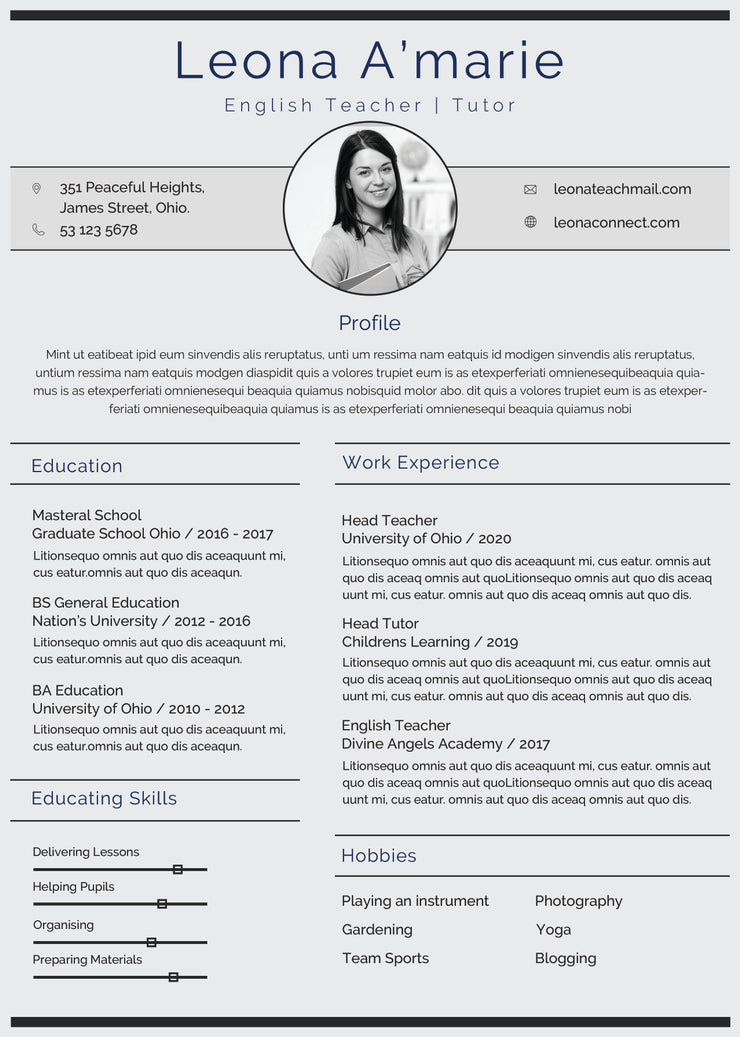 Free English Teacher Resume CV Template in Photoshop (PSD) Format