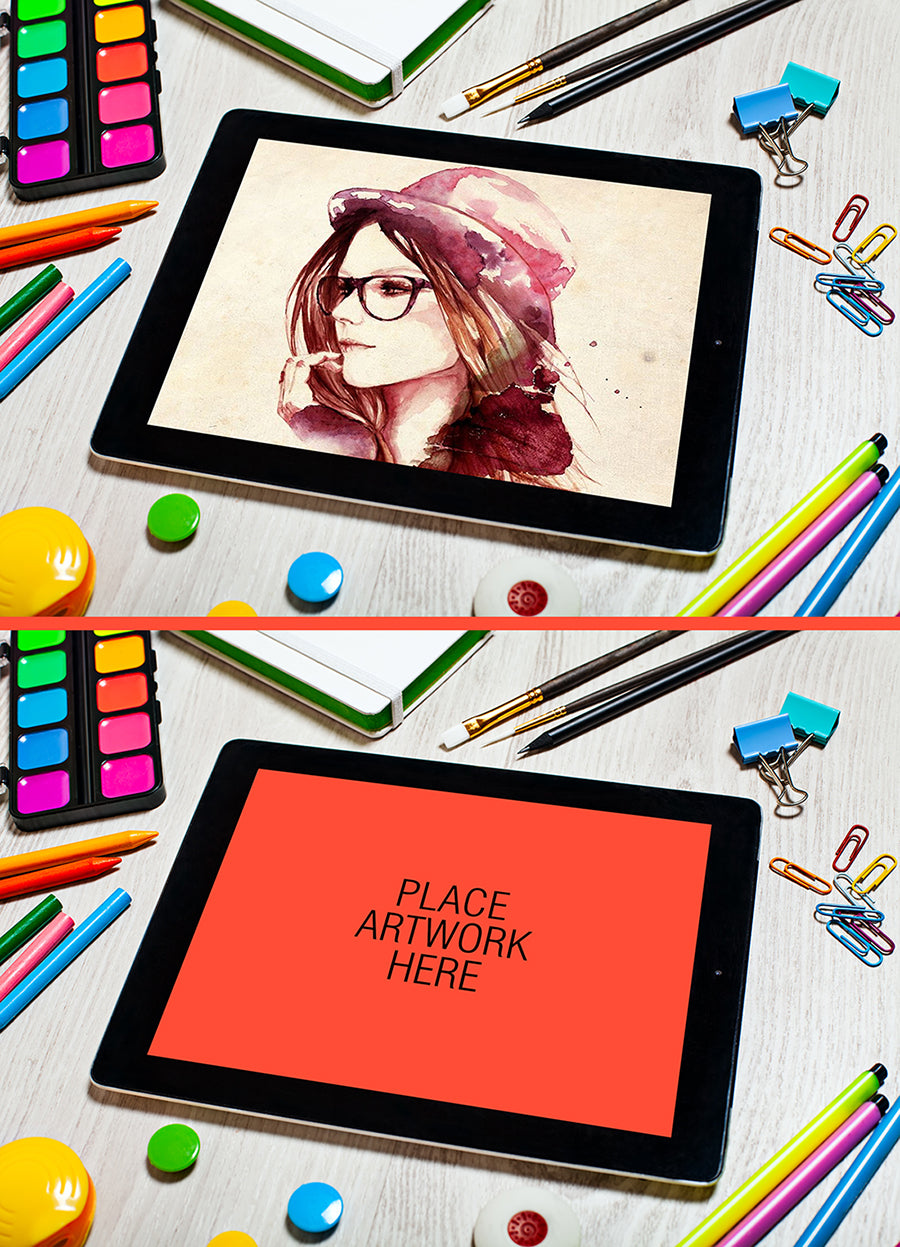 Free Watercolor Artist Tablet Scene Mockup