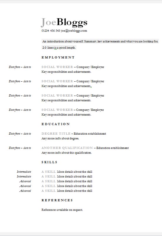 Free Indented CV or Resume Template in Microsoft Word (DOCX) Format