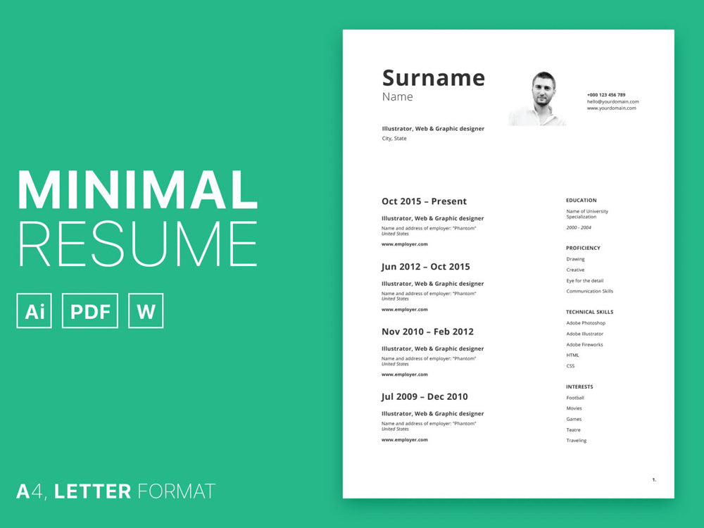Free Minimal Curriculum Vitae Resume Template in Photoshop (PSD), Illustrator (AI) and Microsoft Word Formats