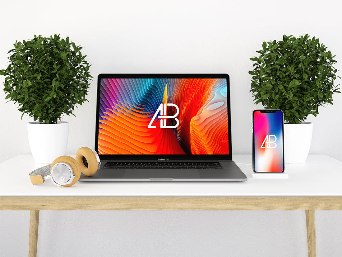 Free Modern iPhone X and Macbook Pro Mockup Scene