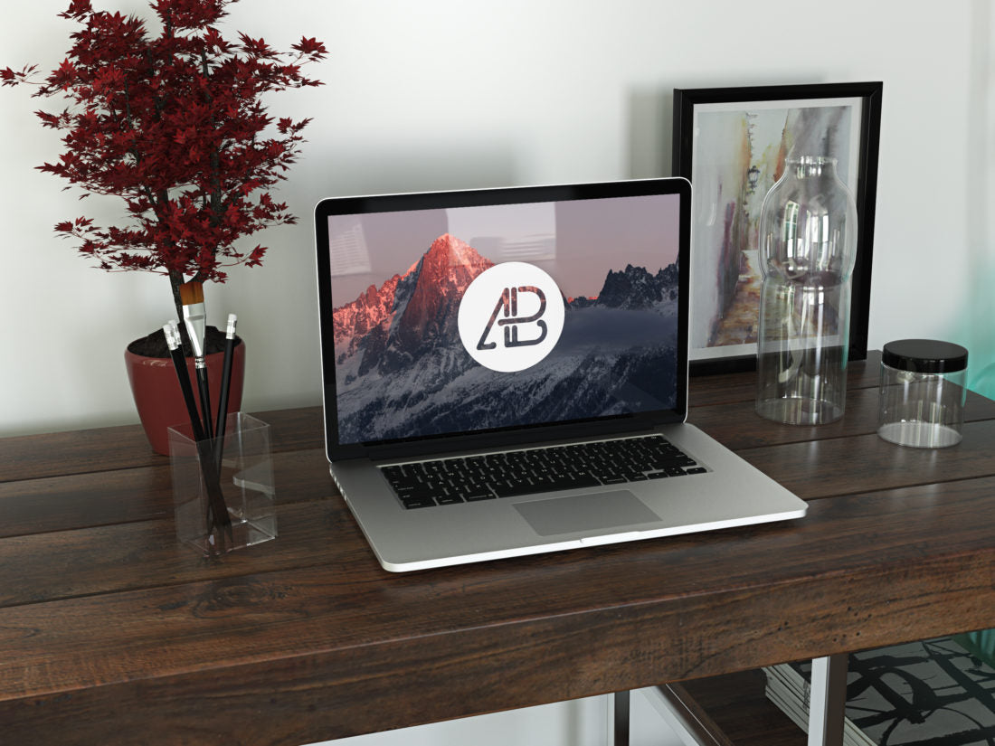 Free Realistic Retina Macbook Pro on Table Mockup