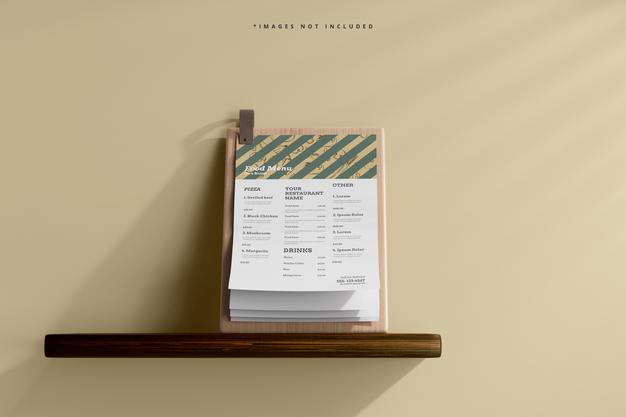Free A4 Size Food Menu On A Wooden Board Mockup On A Shelf Psd