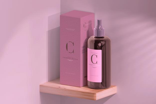 Free Amber Glass Cosmetic Spray Bottle And Box Mockup Psd