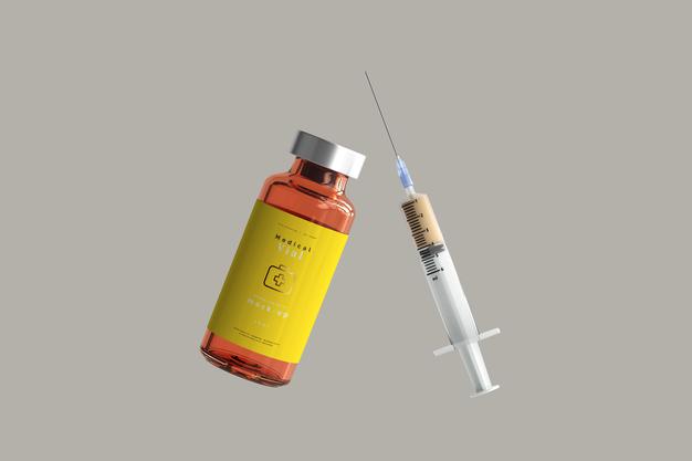 Free Amber Glass Vial Mockup With Syringe Psd