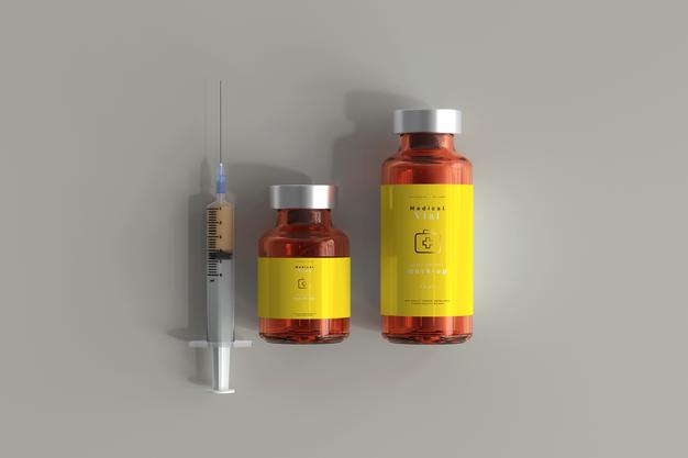 Free Amber Glass Vial Mockup With Syringe Psd