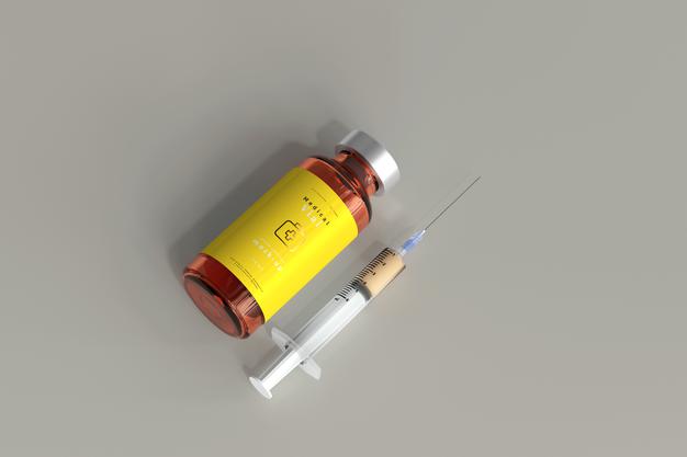 Free Amber Glass Vial Mockup With Syringe Psd