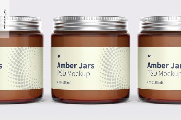Free Amber Jars With Metallic Cap Mockup, Close Up Psd