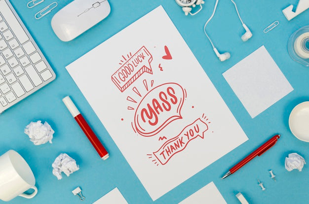 Free Assortment With Card Mock-Up On Blue Background Psd