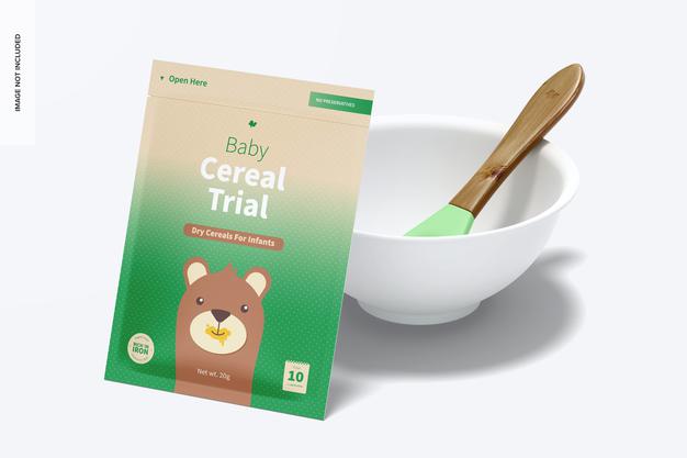 Free Baby Cereal Trial Pack Mockup, Perspective Psd