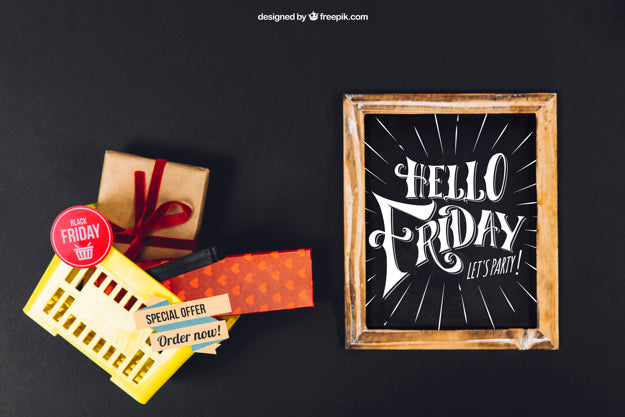 Free Black Friday Mockup With Slate And Basket Psd