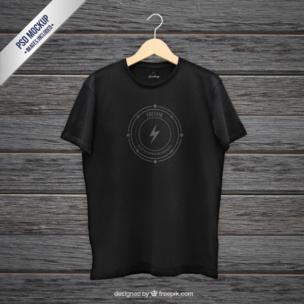 Free Black Hanging T-Shirt Mockup Front View
