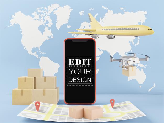 Free Blank Screen Smart Phone Computer Mockup. Shipping Concept Psd