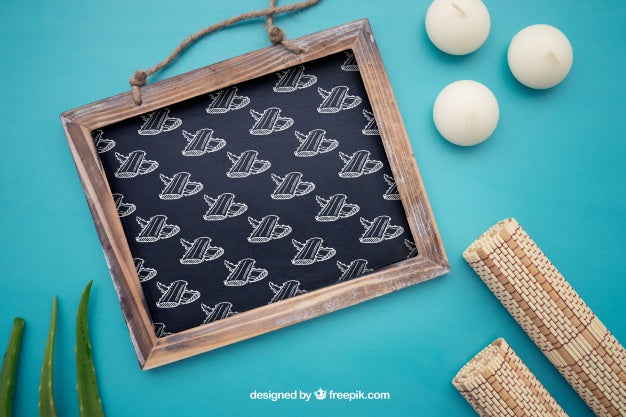 Free Calm Mockup With Candles, Bamboo And Slate Psd