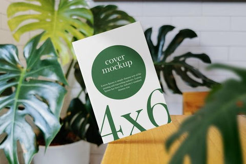 Free Clean Minimal Book 4X6 Mockup On Wooden Top Table With Leaves Background. Psd File. Psd