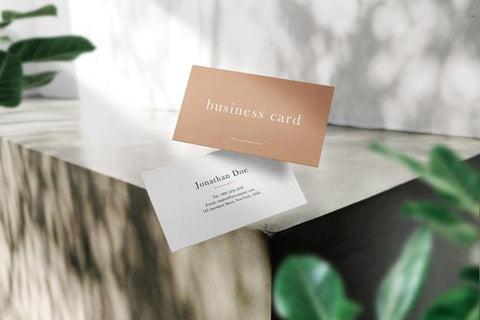 Free Clean Minimal Business Card Mockup Floating On Cement Bench With Leaves Background. Psd File. Psd