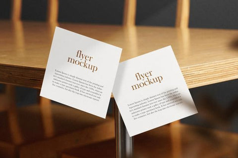Free Clean Minimal Square Flyer Mockup Floating On Table Side With Leaves. Psd File. Psd