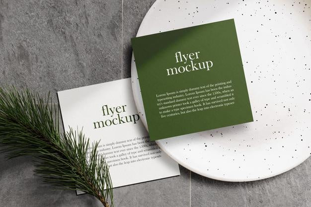 Free Clean Minimal Square Flyer Mockup On Stone Texture With Leaves. Psd File. Psd