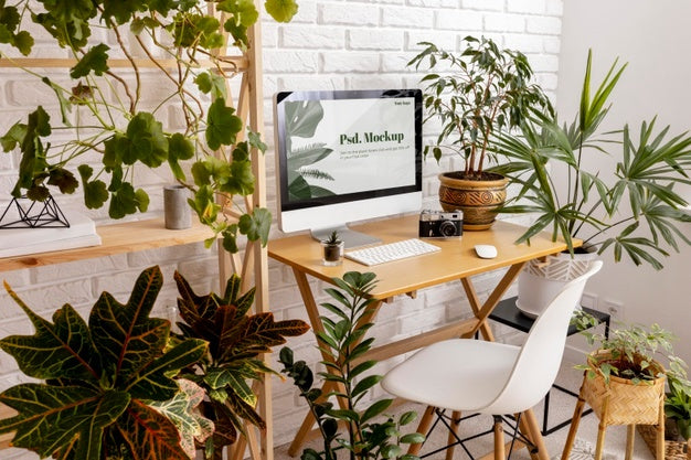Free Close Up On Computer Mockup Surrounded By Plants Psd