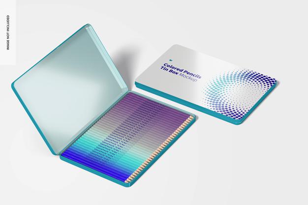 Free Colored Pencils Tin Boxes Mockup, Perspective View Psd