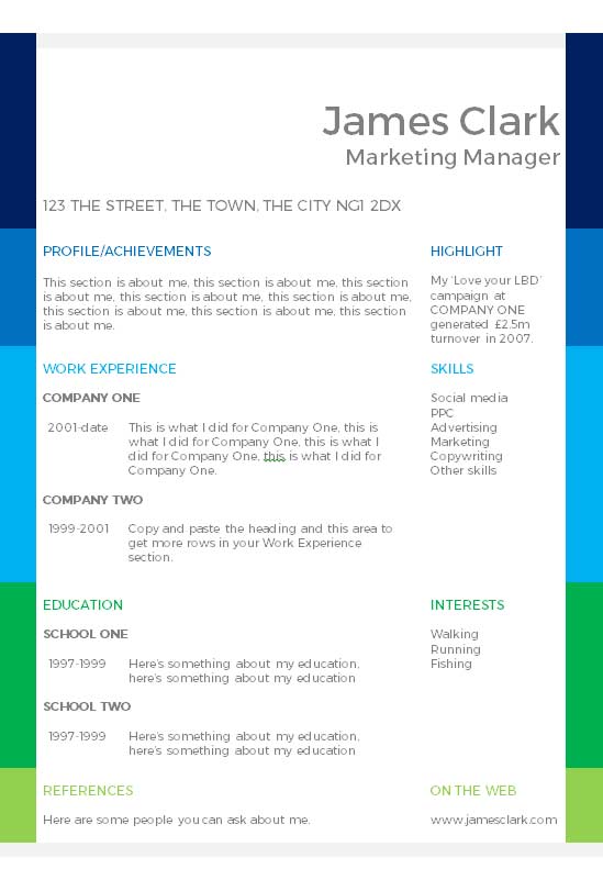 Free Colour Blocks Creative CV Template in Microsoft Word (DOCX) Format