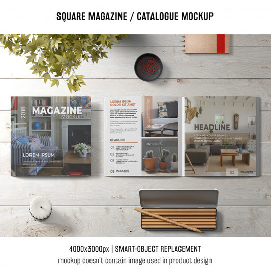 Free Creative Still Life Of Square Magazine Or Catalogue Mockup Psd