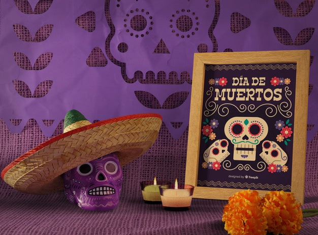 Free Day Of The Dead Traditional Mexican Sombrero And Floral Skull Mock-Ups Psd