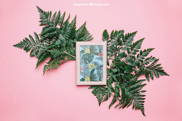 Free Decorative Botanical Mockup With Frame And Big Leaves Psd