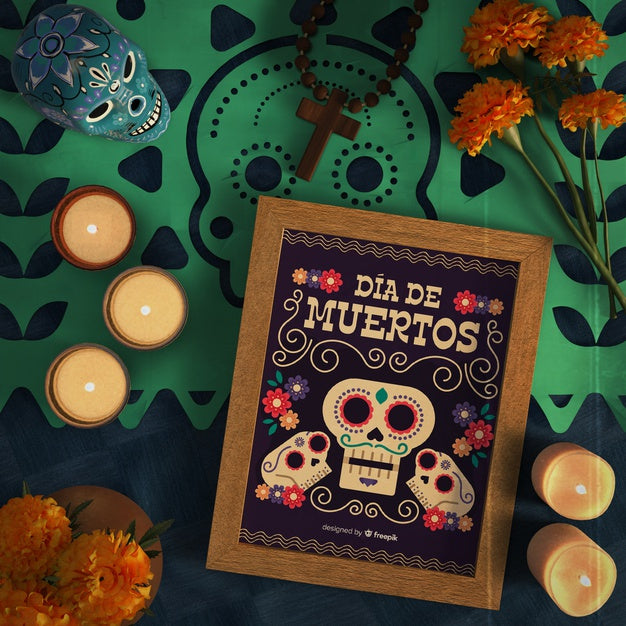 Free Dia De Muertos Violet Skulls With Sombrero Top View Psd