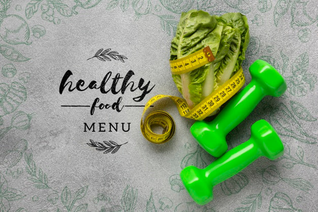 Free Dumbbells And Salad With Healthy Food Menu Concept Psd