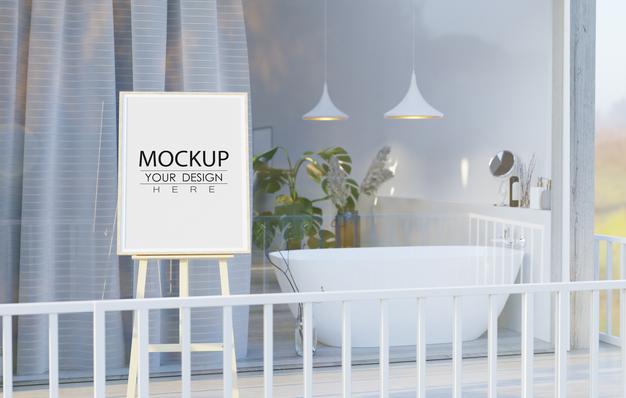 Free Easel Mockup In Balcony Over Bathroom Interior Psd