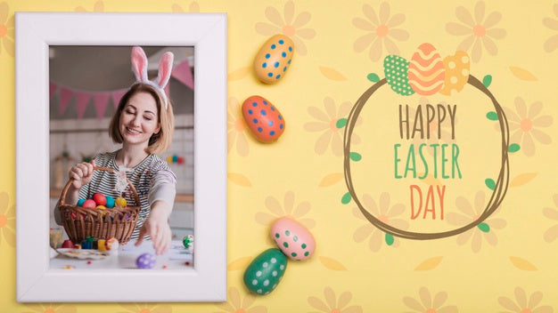 Free Easter Woman Photo With Eggs Beside Psd