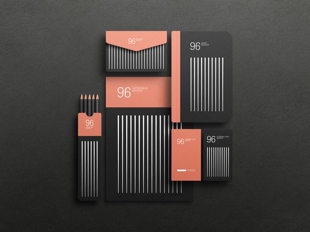 Free Elegant Black Stationary Set Mockup Psd