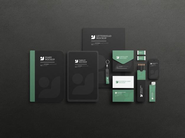 Free Elegant Dark Stationary Set Mockup Psd