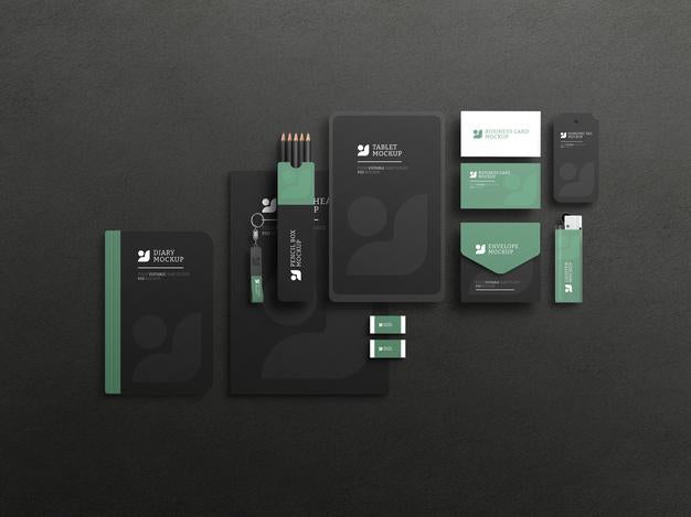 Free Elegant Dark Stationary Set Mockup Psd