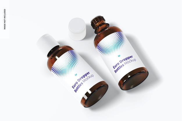 Free Euro Dropper Bottles With Orifice Reducers Mockup, Top View Psd