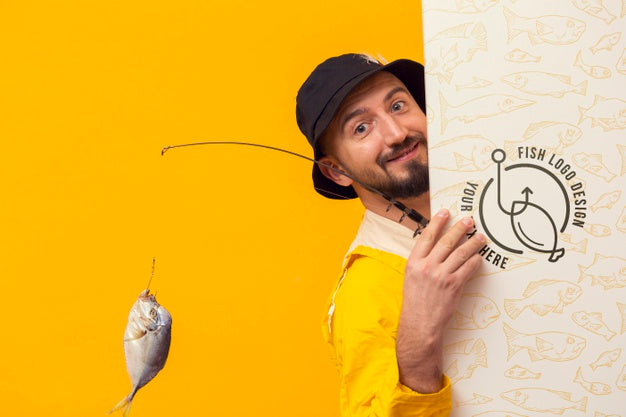 Free Fisherman In Raincoat Hiding Behind Mock-Up Card Psd