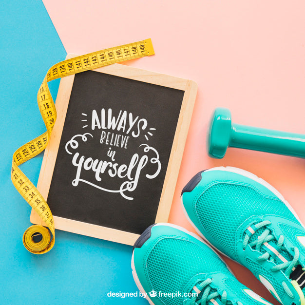 Free Fitness Mockup With Slate Next To Shoes Psd