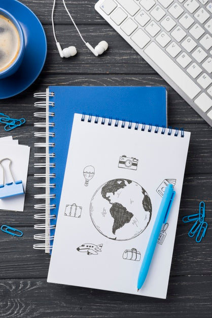 Free Flat Lay Notebook Mock-Up And Stationery Near Keyboard And Coffee Psd
