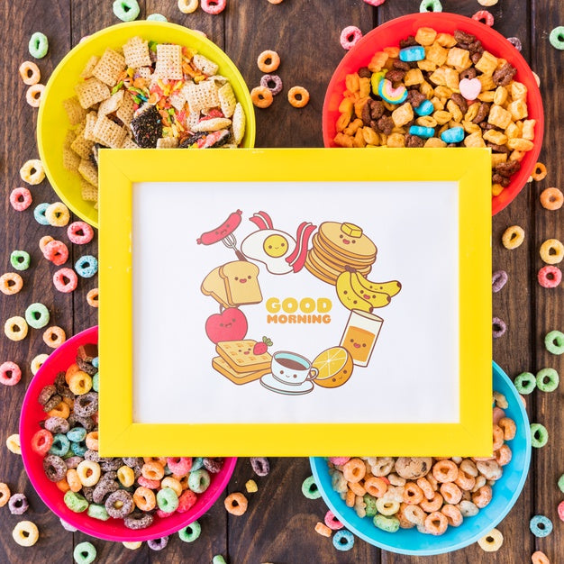 Free Flat Lay Of Colorful Ceareals With Frame Mockup On Wooden Table Psd